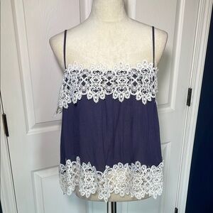 Main Strip Navy Blue Flow Cami with White Lace Trim Size Medium